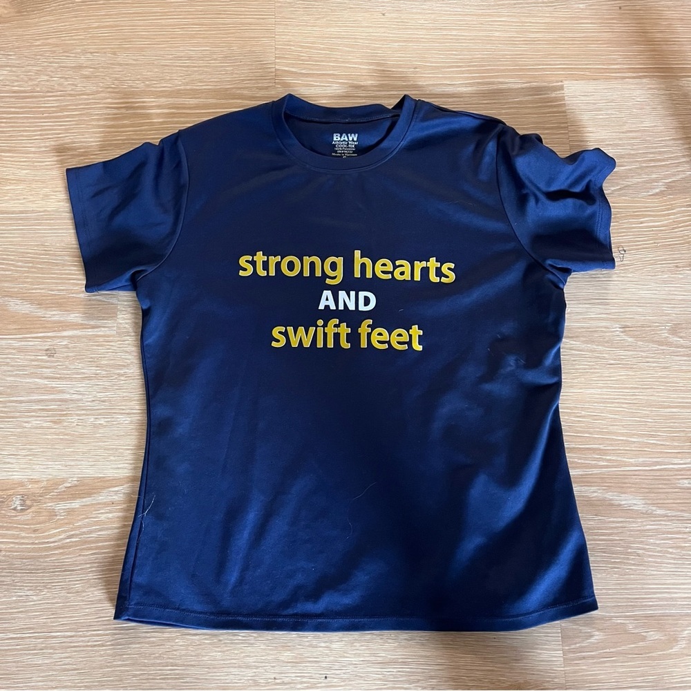 Eau Claire marathon strong hearts and swift feet tshirt navy